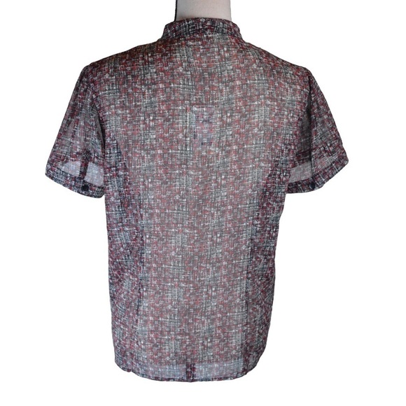 Semi-Sheer Abstract Print Short Sleeve Button Down V Neck Blouse, Size Large NEW - Picture 6 of 9